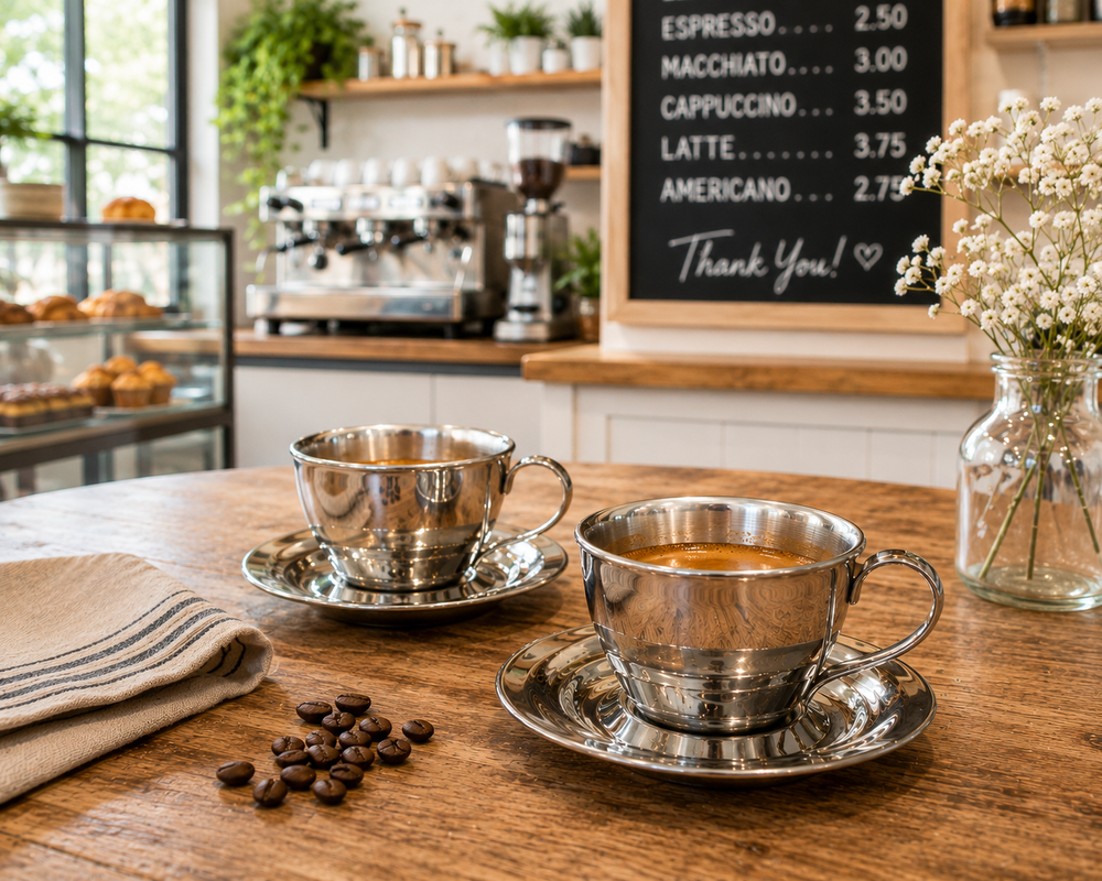 Motta Espresso Cups & Saucers Set of 2 | Stainless Steel | Italy